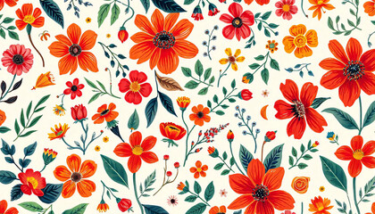 A vibrant and whimsical floral pattern featuring a variety of colorful flowers, leaves, Seamless pattern, Floral Background