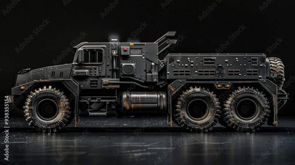 Wall mural A small toy truck sits on a dark or black surface, ideal for use in product photography, packaging design, and more