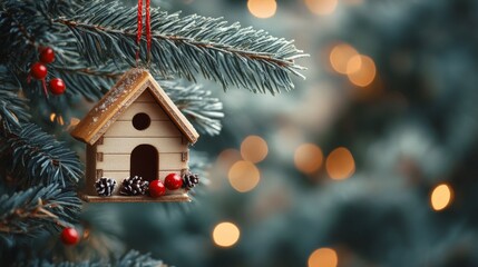 Miniature wooden house perched on frosty pine branches during winter