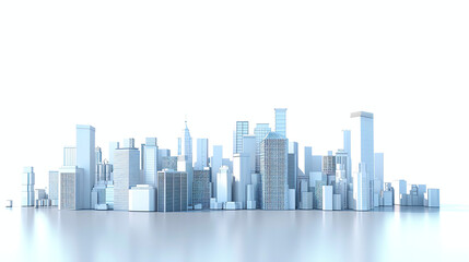Fototapeta premium A cityscape of light blue buildings, horizontally arranged, on a light surface.