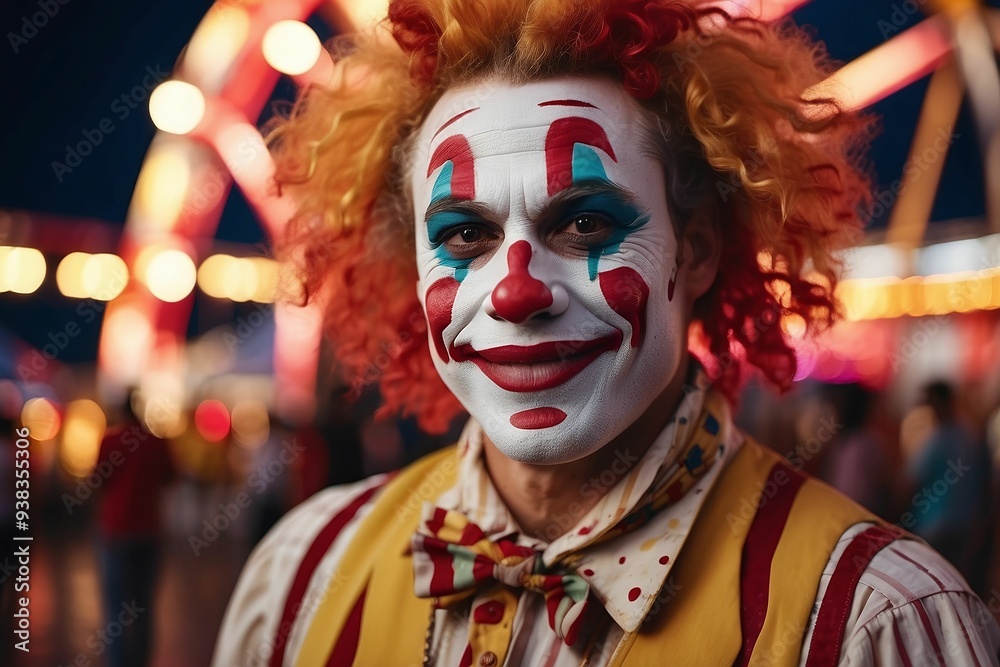 Wall mural men wearing clown costume and makeup, blurred crowd of people watching on the background.portrait of