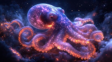 Fototapeta premium surreal octopus floating in starry cosmos tentacles intertwined with nebulae bioluminescent skin glows against deep space background