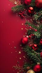 Vibrant merry christmas and happy new year sale banner with copy space on deep red background