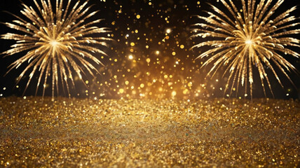 abstract gold glitter background with fireworks