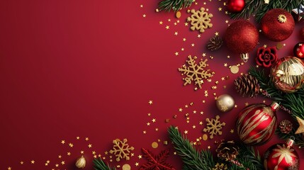 Vibrant merry christmas and happy new year sale banner with festive elements on red background