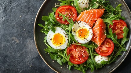 Fresh arugula salad with salmon, cherry tomatoes, and boiled eggs served in a bowl