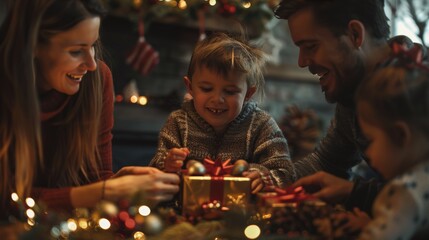 Joyful family celebrating christmas together, exchanging gifts in a festive atmosphere