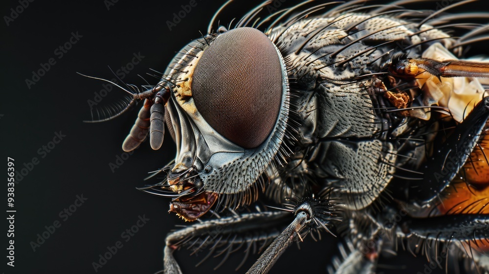 Poster a close-up view of a fly's face with detailed features