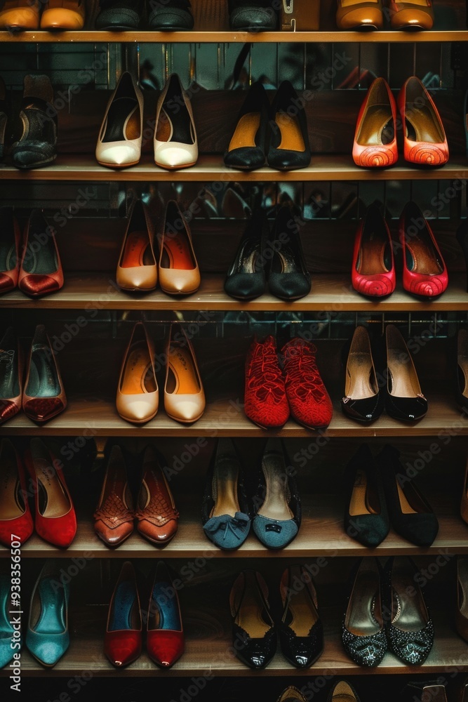 Poster a collection of shoes displayed on a shelf