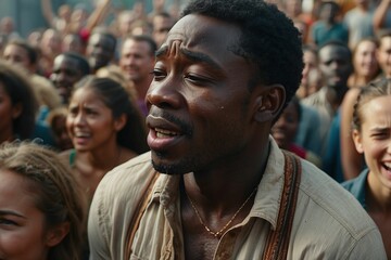 Fototapeta premium Emotionless black man with sad gaze looking in a camera and standing in group of people. Fight for Equality. Black history month , black people portrait. The crowd is crying