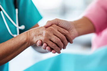 A healthcare professional and a patient sharing a supportive handshake in a caring environment, symbolizing trust and compassion.