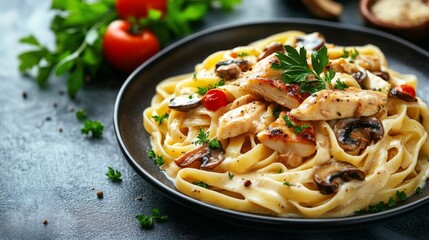 Fototapeta premium Creamy fettuccine Alfredo with mushrooms and chicken on a dark rustic table