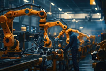 A person standing among industrial robots in a manufacturing setting, ready for work or inspection