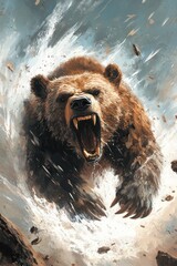 Savage Charge: Ferocious Bear in Full Attack - A dynamic and intense illustration of a bear roaring and charging forward, embodying raw power, aggression, and primal energy.