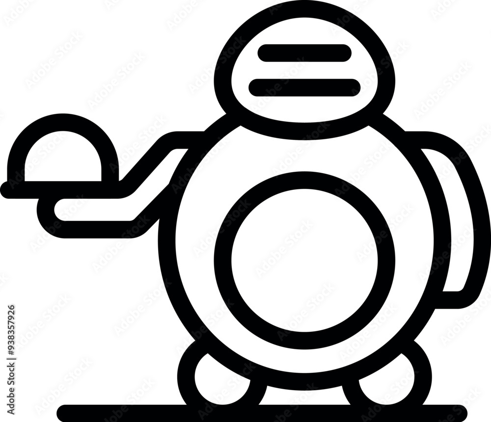 Poster simple line icon of a robot holding a tray with food, representing automation in the food service in