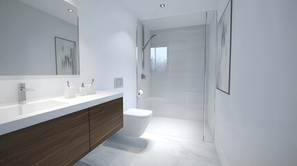 A sleek, modern minimalist bathroom with a floating vanity, white walls, and a frameless glass shower enclosure, featuring a single piece of wall art for a subtle touch of style