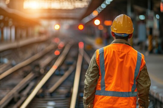 A person wearing an orange safety vest stands on a train track, cautioning against potential danger