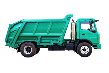 A side view of a green dump truck, showcasing its spacious cargo bed, perfect for construction and waste disposal applications.