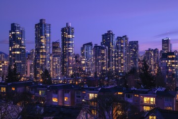 Urban landscape at nighttime with buildings and streets below, captured from a vantage point on a hill