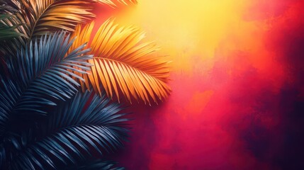 tropical palm leaf silhouette creating negative space on vibrant gradient background with geometric patterns and metallic accents
