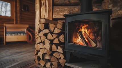 Inviting Warmth: Cozy Fireplace with Stack of Firewood on Rustic Wooden Floor, Embracing Winter Comfort and Cabin Charm.