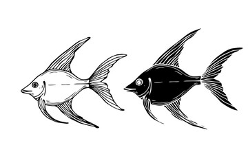 Line sketch,silhouette,fish stamp.Vector graphics.