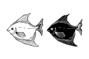 Line sketch,silhouette,fish stamp.Vector graphics.