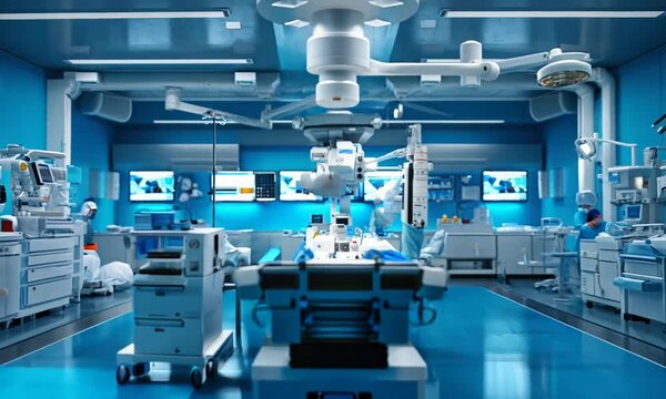 Modern operating room with medical equipment and a robotic arm.