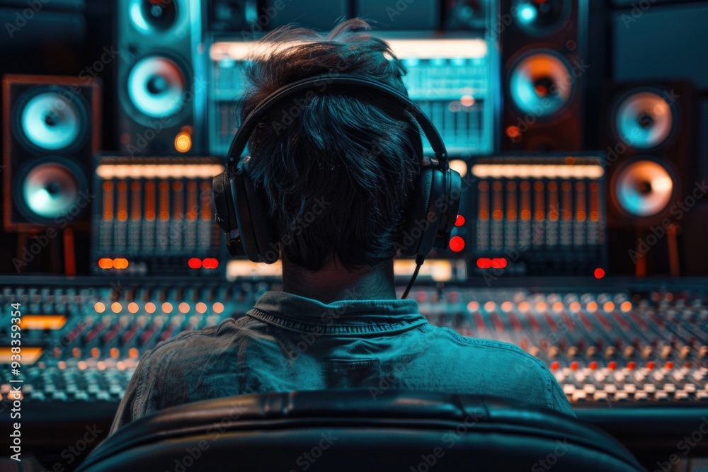 Poster a music producer working on a new track, sitting in front of a mixing desk with headphones on