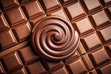 Naklejka premium A delicious chocolate bar with a swirl of chocolate on top, shot from a high angle, treat, milk chocolate, overhead, luxury, close-up, food photography, sugar, delicious, dark chocolate
