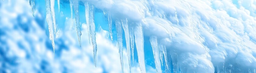 Icicles hanging from a roof with a blue sky background.