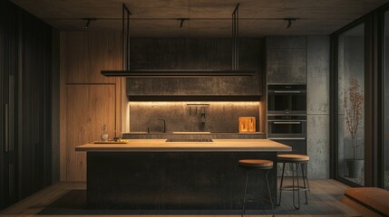 Harmony in Minimalism: Japanese-Inspired Industrial Kitchen with an Island Counter and Natural Wood Elements.