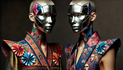High fashion woman wearing a metal mask and origami kimono themed cyberpunk clothing, Futuristic world 