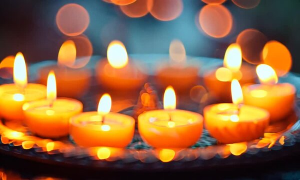 Nine orange candles burning on a wooden tray, with a blurred background of greenery and bokeh lights