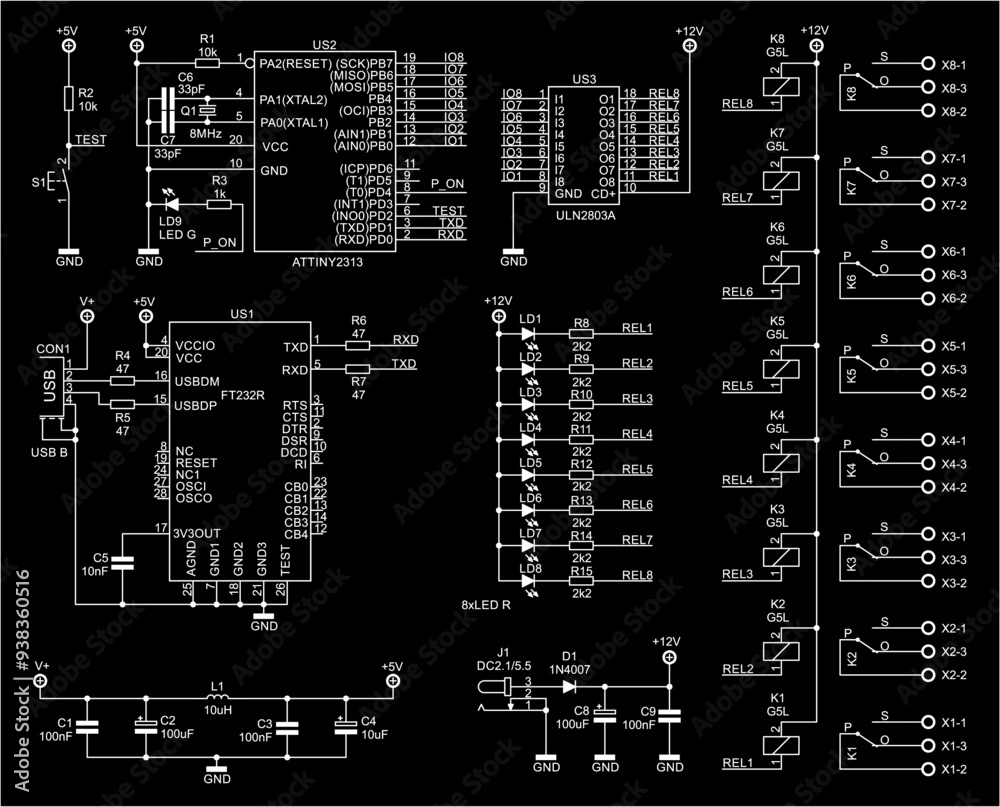 Wall mural Schematic diagram of electronic device.
Vector drawing electrical circuit with 
integrated circuit, diode, connector, 
capacitor, resistor, led, inductor coil, relay,
microcontroller, other components