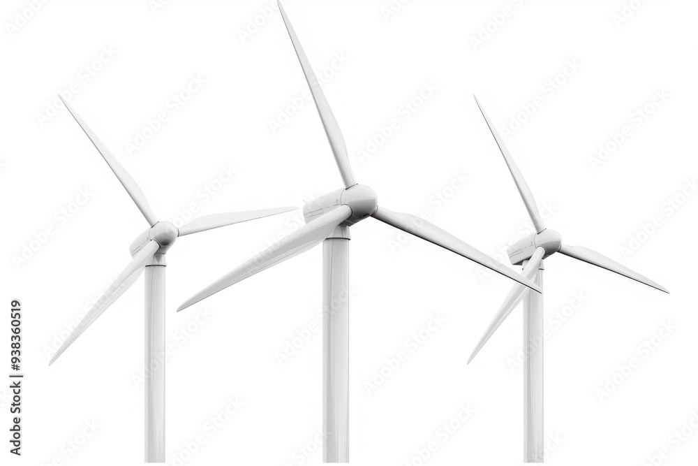 Poster a cluster of modern wind turbines against a plain white background, suitable for use in infographics