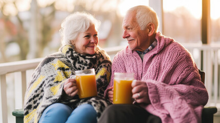 Senior couple sipping hot cider on their porch, wrapped in cozy blankets