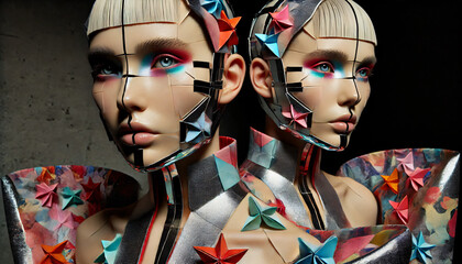Obraz premium High fashion woman wearing a metal mask and origami kimono themed cyberpunk clothing, Futuristic world 