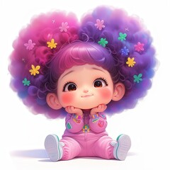 Fototapeta premium A cute cartoon girl with pink hair and a big smile is sitting down and holding her chin with her hands.