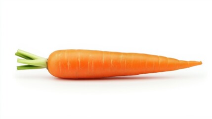 Single fresh orange carrot with green leafy top isolated on white background.