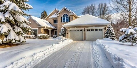 Freshly fallen snow cleared from the front of the house at a tilted angle, clear, morning, curb appeal, residential, weather,winter, outdoors, icy, residential area, removal, chilly