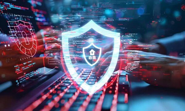 Person typing on laptop with a glowing red security shield with a keyhole on the screen.