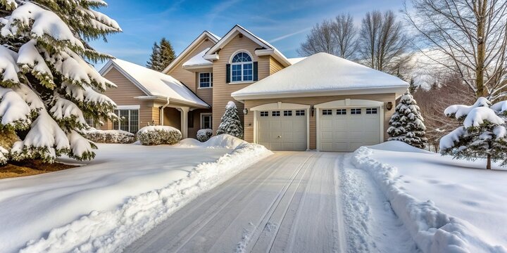 Freshly fallen snow cleared from the front of the house at a tilted angle, clear, morning, curb appeal, residential, weather,winter, outdoors, icy, residential area, removal, chilly