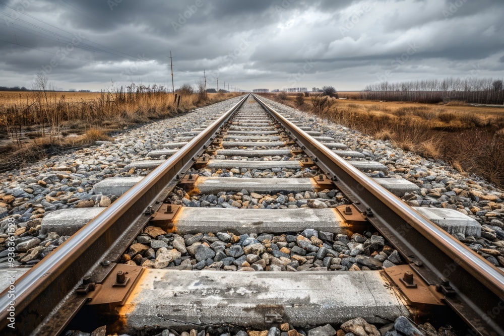 Poster train track surrounded by rocks and gravel, ideal for use in images related to transportation or inf