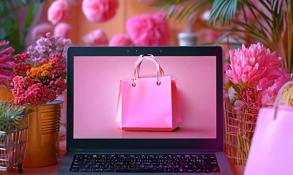 Pink shopping bag on laptop screen