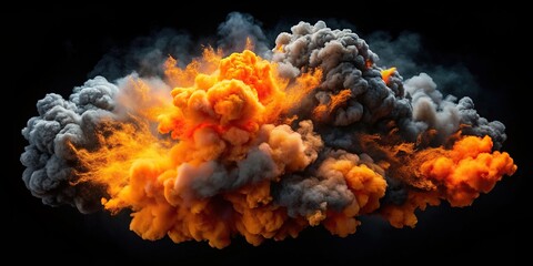 A wide angle view of a spectacular explosion of black and orange smoke in a dramatic display of power and chaos, billowing, vibrant, chaos, orange, atmospheric, explosion, colorful