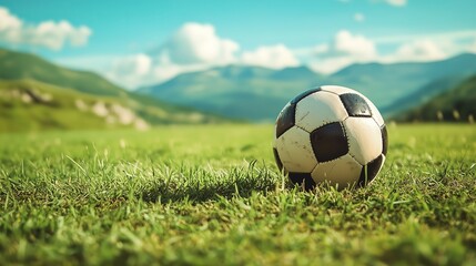 Soccer ball rests on lush green grass against a backdrop of majestic mountains and blue sky, essence of outdoor sports and natural beauty.