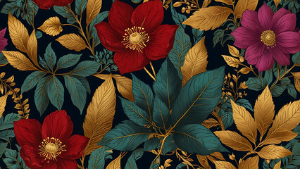Botanical Illustration with Elegant Gold Accents and Detailed Foliage