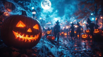 whimsical halloween party scene with glowing jackolanterns spooky decor and costumed revelers dancing under a harvest moon eerie mist swirls around vintage lanterns and cobwebdraped trees