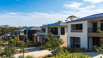 Sustainable Suburbia: Modern Homes with Solar Panels Basking in the Sunshine of a Bright Day.